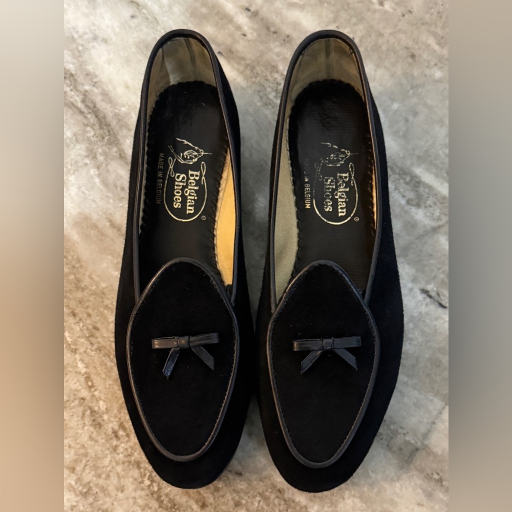Belgian Shoes Midinette Slippers Black Suede Loafers 5.5 Flats Bow Tie